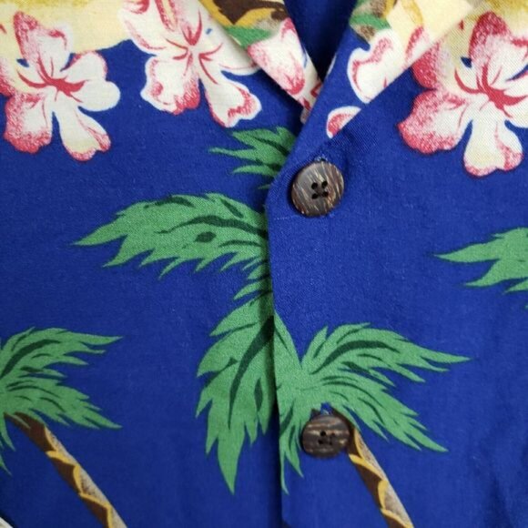 Utility Hawaiian Button Up Short Sleeve Shirt Mens L Boats Palm Trees multicolor - Picture 2 of 7